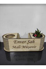 Masa Üstü Ahşap Kalemlik Sukulentli Kişiye Özel İsim ve Ünvan