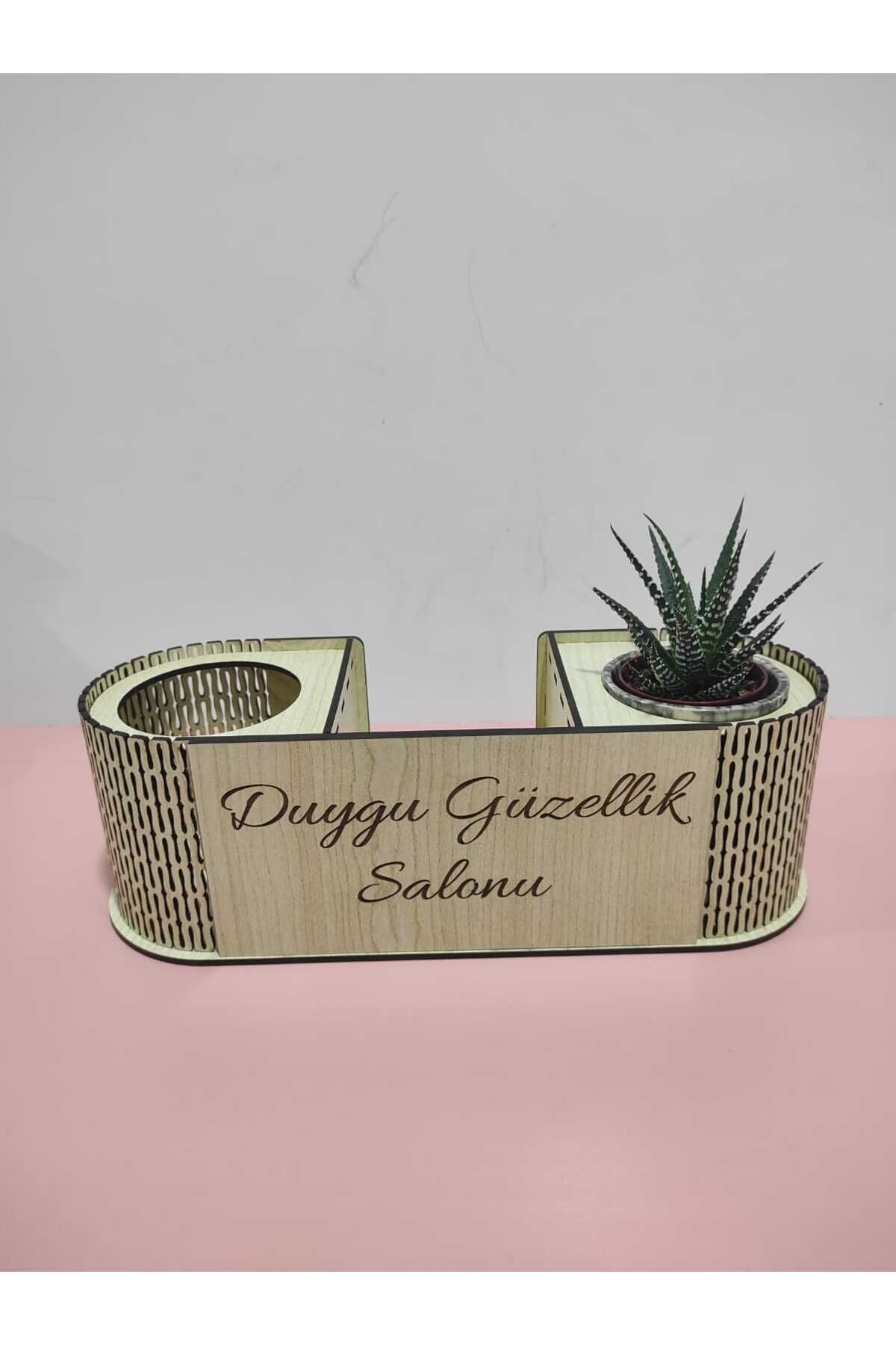 Masa Üstü Ahşap Kalemlik Sukulentli Kişiye Özel İsim ve Ünvan